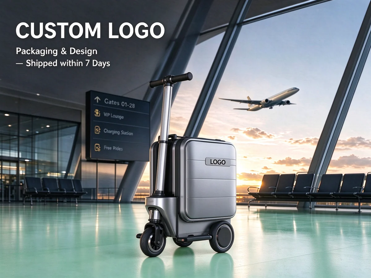 Custom logo suitcase in an airport terminal