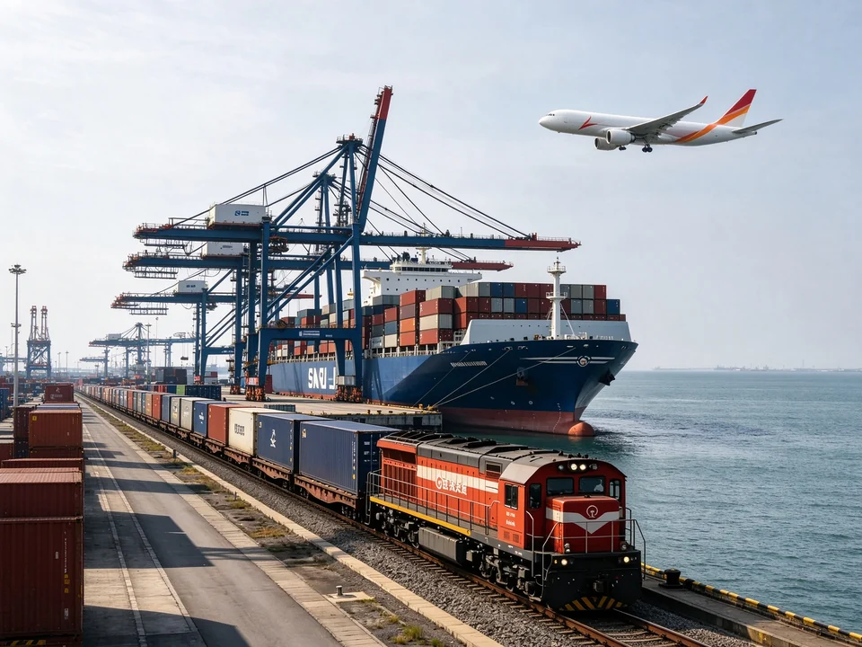 Cargo ship, freight train and airplane at an international port