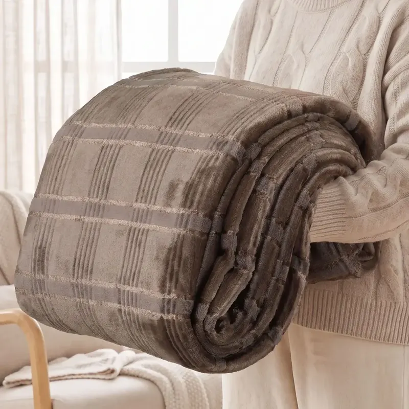 Brown Plaid Faux Fur Blanket