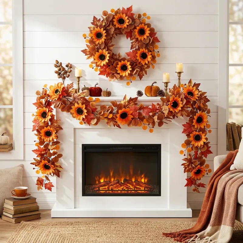 Autumn Sunflower Wreath and Maple Leaf Garland Set