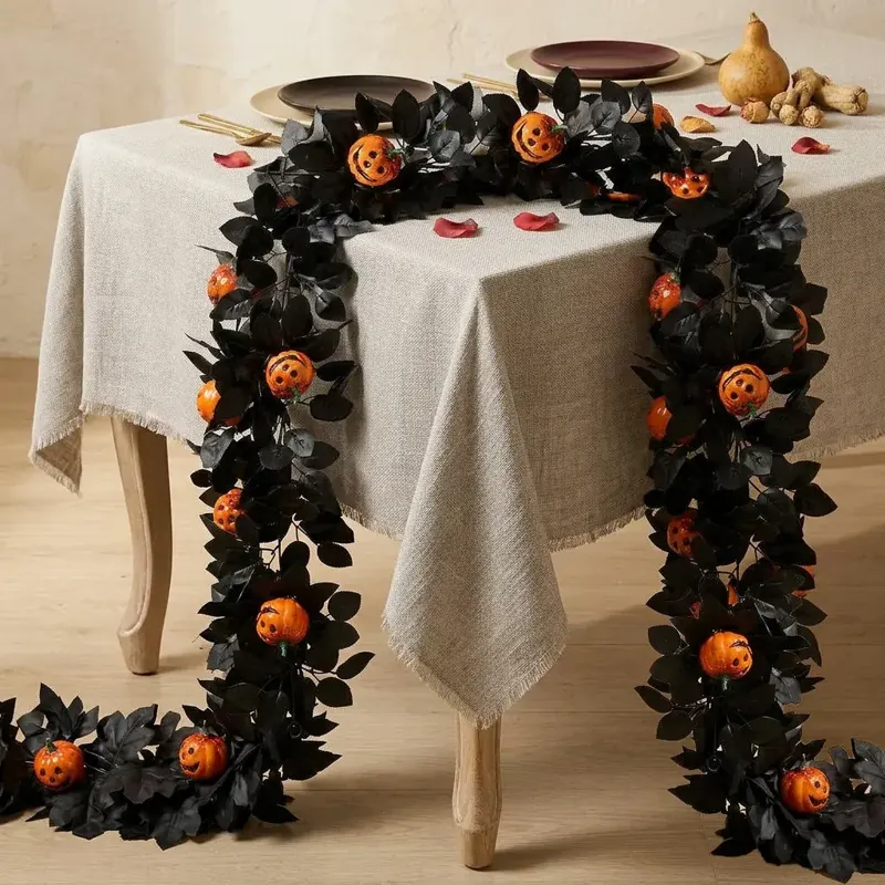 Halloween Black Leaf Garland with Pumpkins