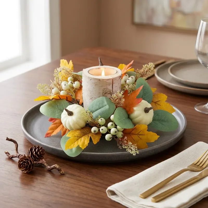 Autumn Candle Ring with Pumpkins and Maple Leaves