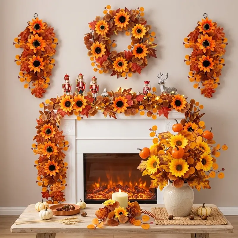 Orange Sunflower Fall Garland, Wreath and Swag Set