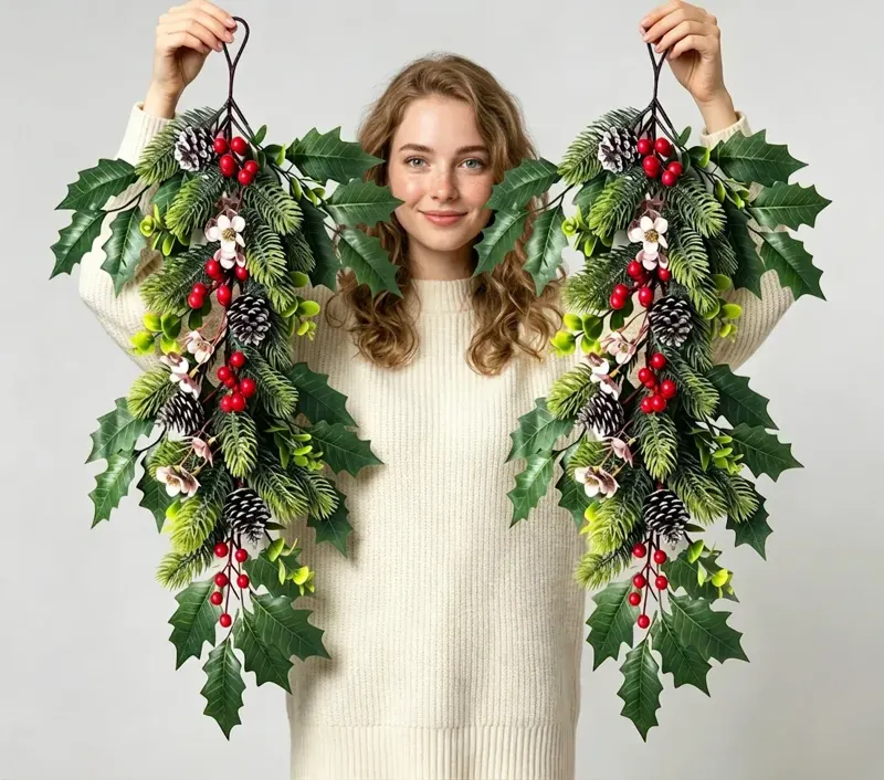 Holly and Pine Cone Christmas Swag, Set of 2