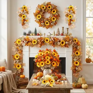 Yellow Sunflower Fall Mantel Garland and Wreath Set