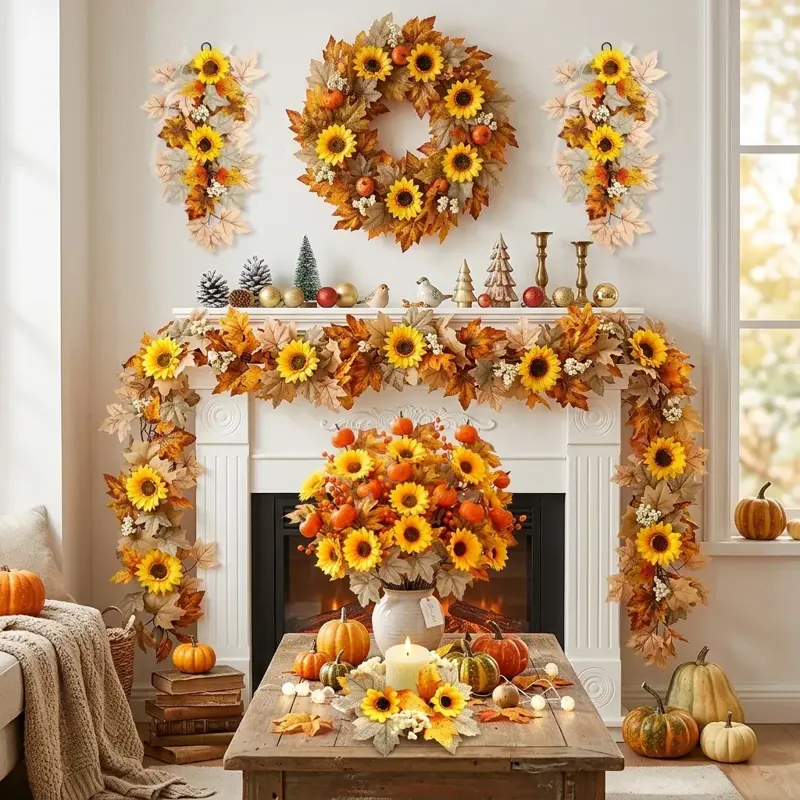 Yellow Sunflower Fall Mantel Garland and Wreath Set