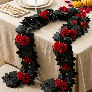 Halloween Black Leaf Garland with Red Roses