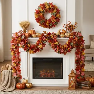 Fall Maple Leaf Mantel Garland and Wreath Set