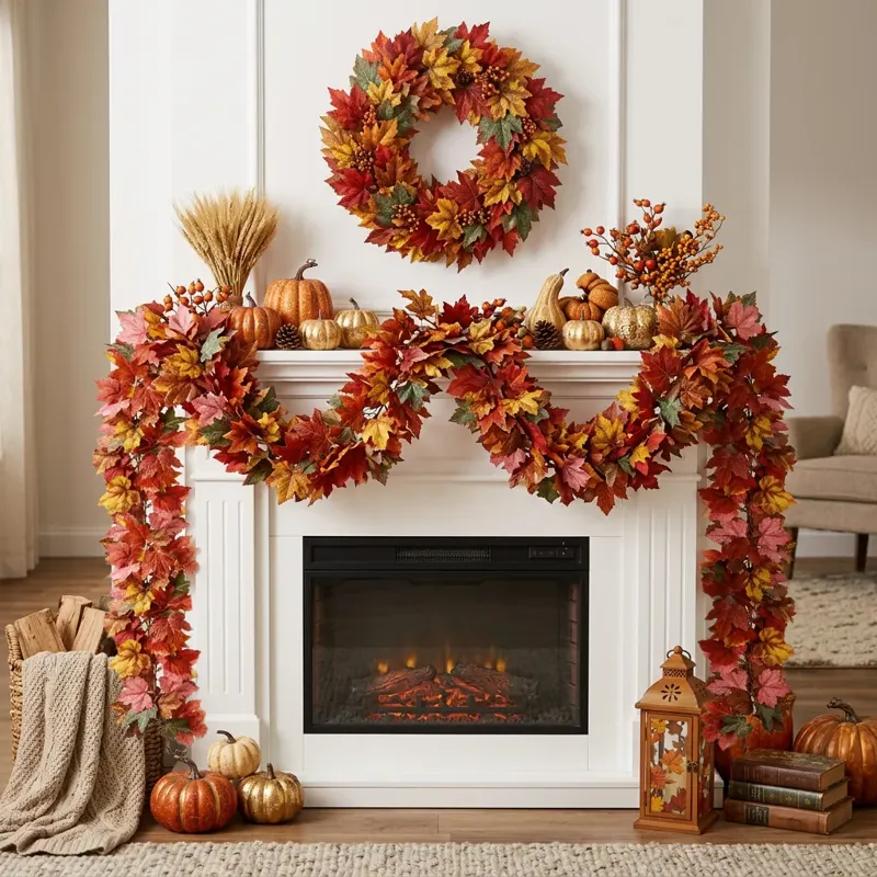 Fall Maple Leaf Mantel Garland and Wreath Set