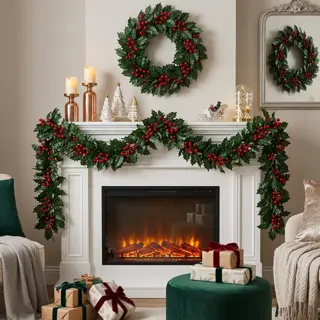 Holly Berry Mantel Garland with Two Wreaths