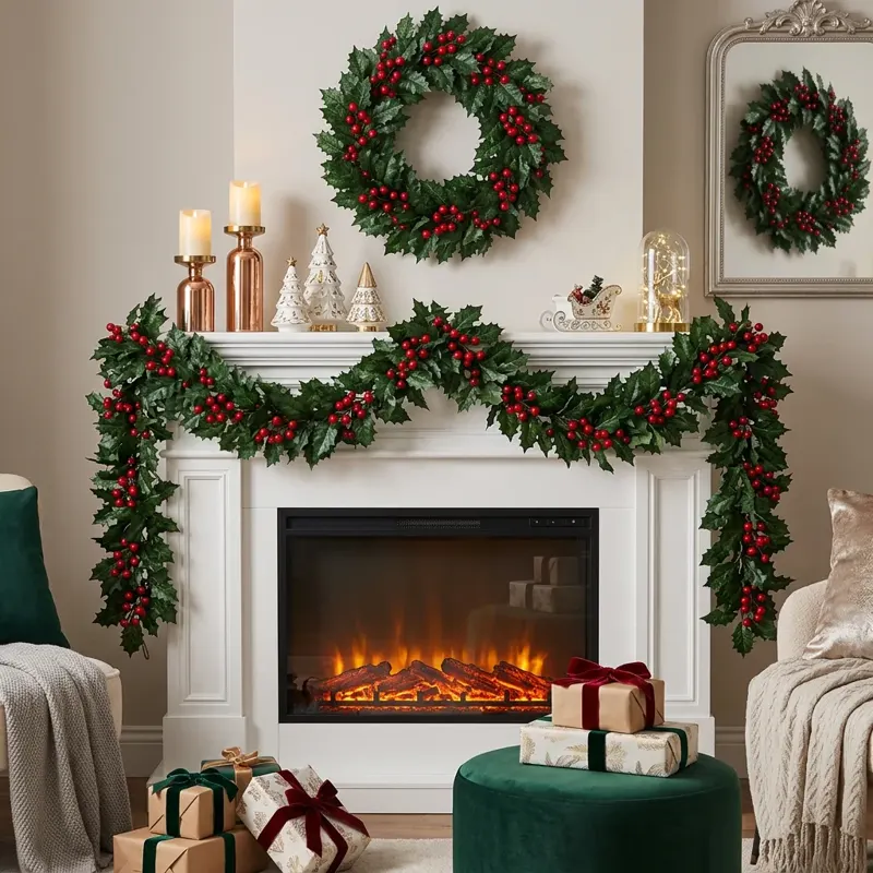 Holly Berry Mantel Garland with Two Wreaths