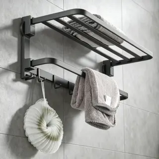 Black Wall-Mounted Towel Rack with Hooks