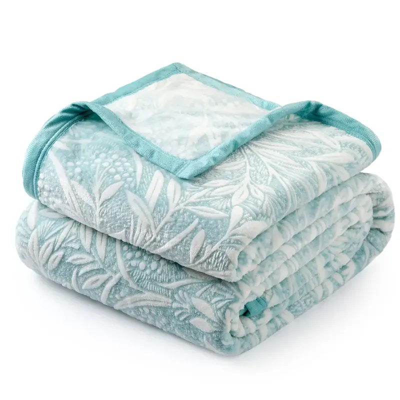 Teal Botanical Print Flannel Throw Blanket