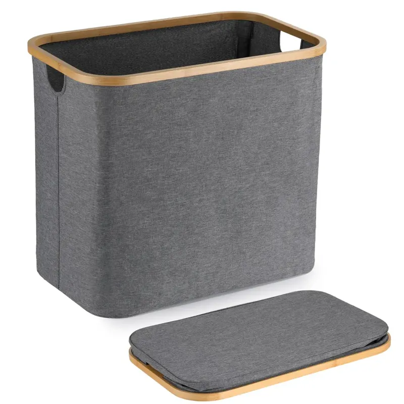 Grey Folding Laundry Basket with Bamboo Rim