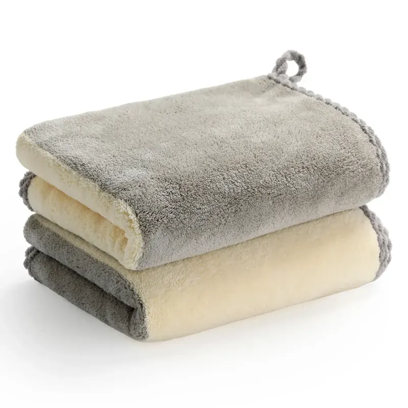 Grey and Beige Coral Fleece Towels with Hanging Loop