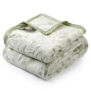 Sage Green Leaf Print Flannel Throw Blanket