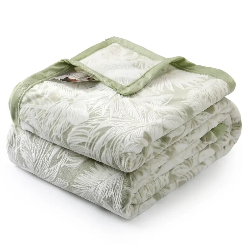 Sage Green Leaf Print Flannel Throw Blanket