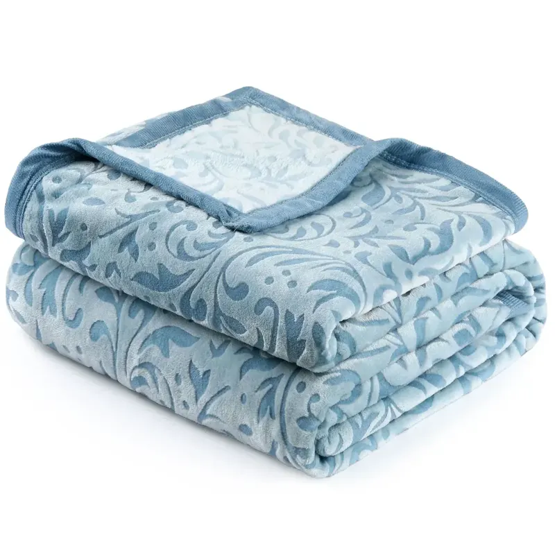 Blue Damask Flannel Throw Blanket