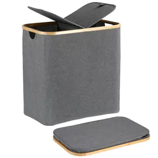 Grey Fabric Laundry Hamper with Bamboo Frame and Lid
