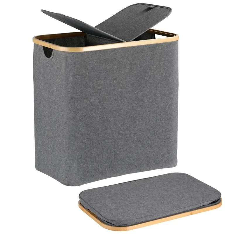 Grey Fabric Laundry Hamper with Bamboo Frame and Lid