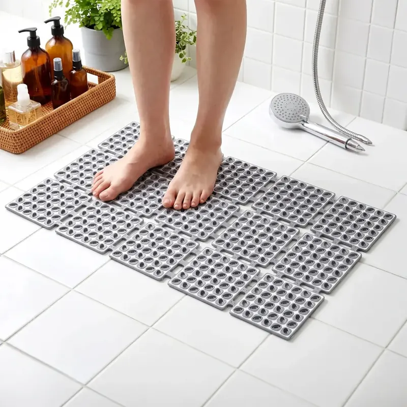 Grey Interlocking Non-Slip Shower Mat Tiles