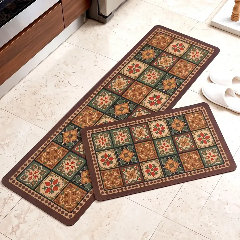 Brown Floral Tile Kitchen Mat Set, 2 Pieces