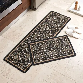 Black Damask Kitchen Mat Set, 2 Pieces