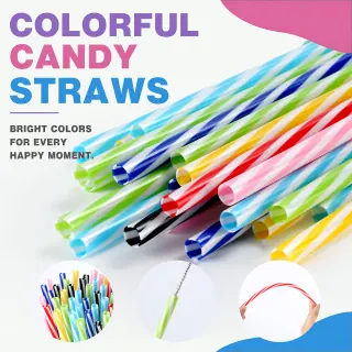 Colourful Reusable Striped Plastic Straws with Cleaning Brush