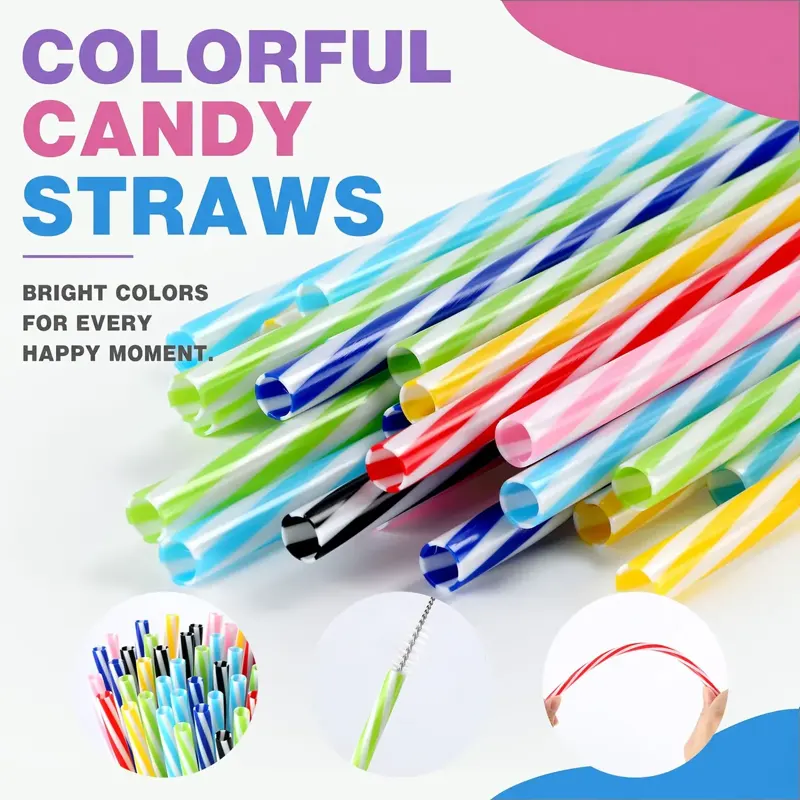 Colourful Reusable Striped Plastic Straws with Cleaning Brush