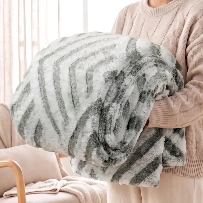 Grey Chevron Faux Fur Blanket