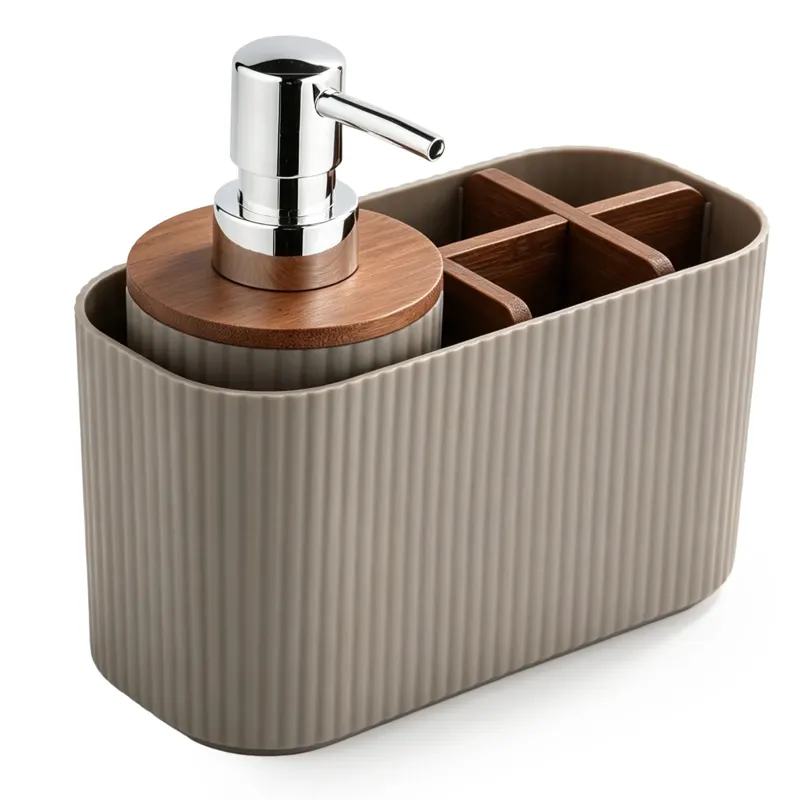Taupe Ribbed Bathroom Caddy with Soap Dispenser