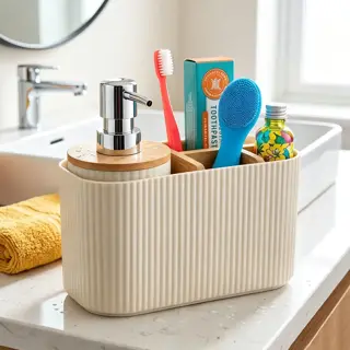 Cream Bathroom Countertop Organizer with Soap Dispenser