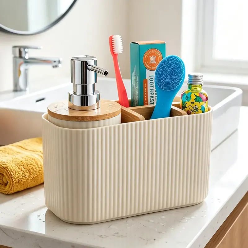 Cream Bathroom Countertop Organizer with Soap Dispenser