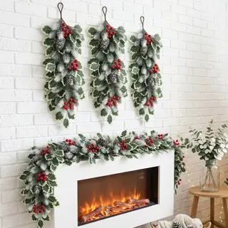 Frosted Holly Garland and Swag Set with Pine Cones