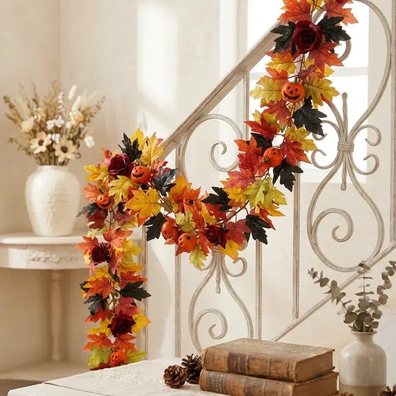 Fall Maple Leaf Garland with Pumpkins and Roses