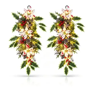 Lighted Holly and Poinsettia Christmas Swag, Set of 2