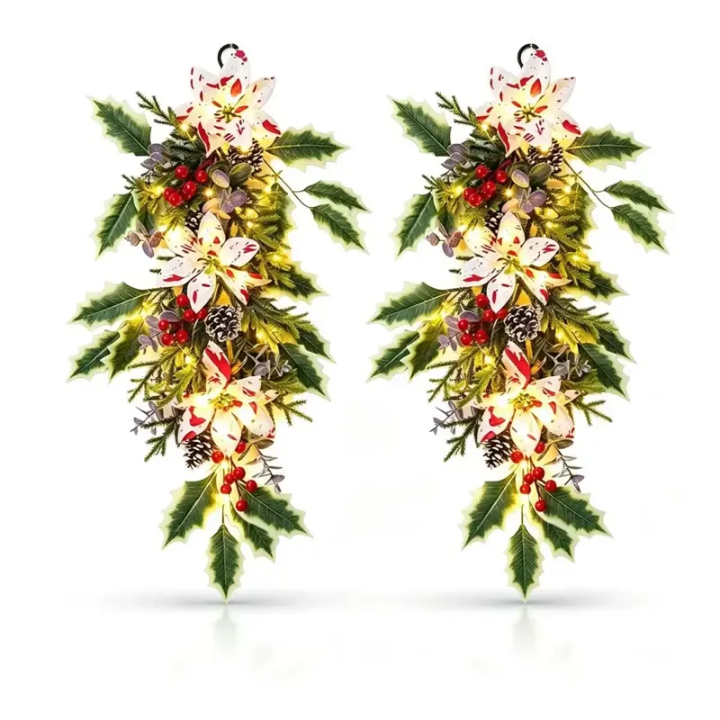 Lighted Holly and Poinsettia Christmas Swag, Set of 2