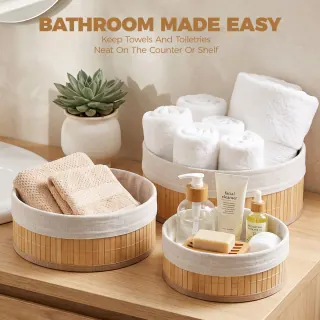 Round Bamboo Bathroom Storage Baskets with Liners