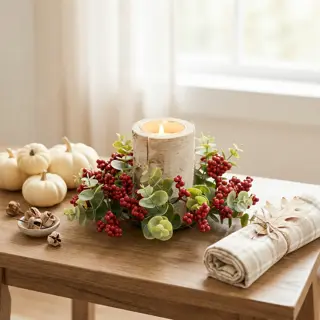 Fall Candle Ring with Red Berries and Pumpkins