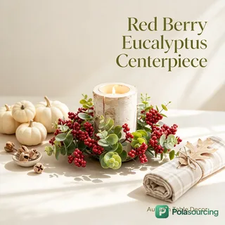 Fall Candle Ring with Red Berries and Pumpkins