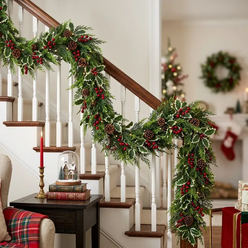 Christmas Garland with Red Berries and Variegated Holly