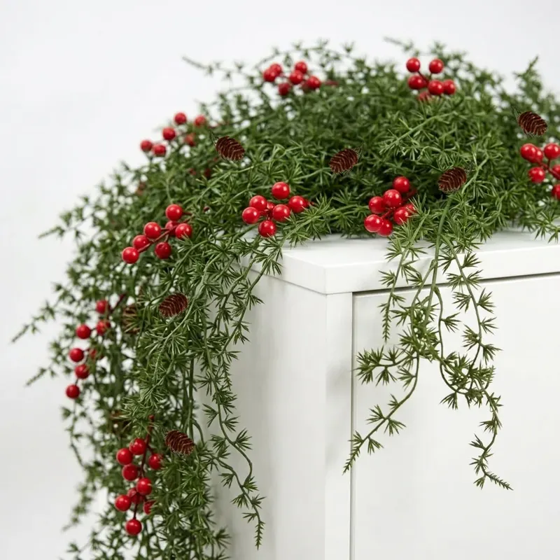 Artificial Asparagus Fern Garland with Red Berries