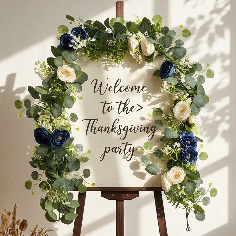 Navy and Ivory Rose Eucalyptus Floral Garland