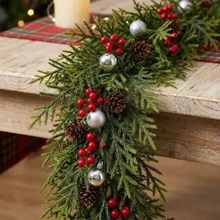 Christmas Table Garland with Pine Cones and Silver Ornaments
