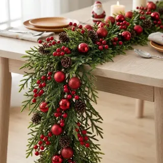 Christmas Table Garland with Red Ornaments and Pine Cones