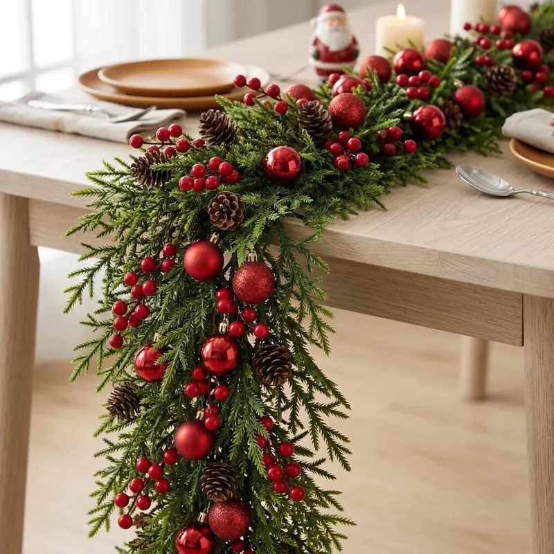 Christmas Table Garland with Red Ornaments and Pine Cones