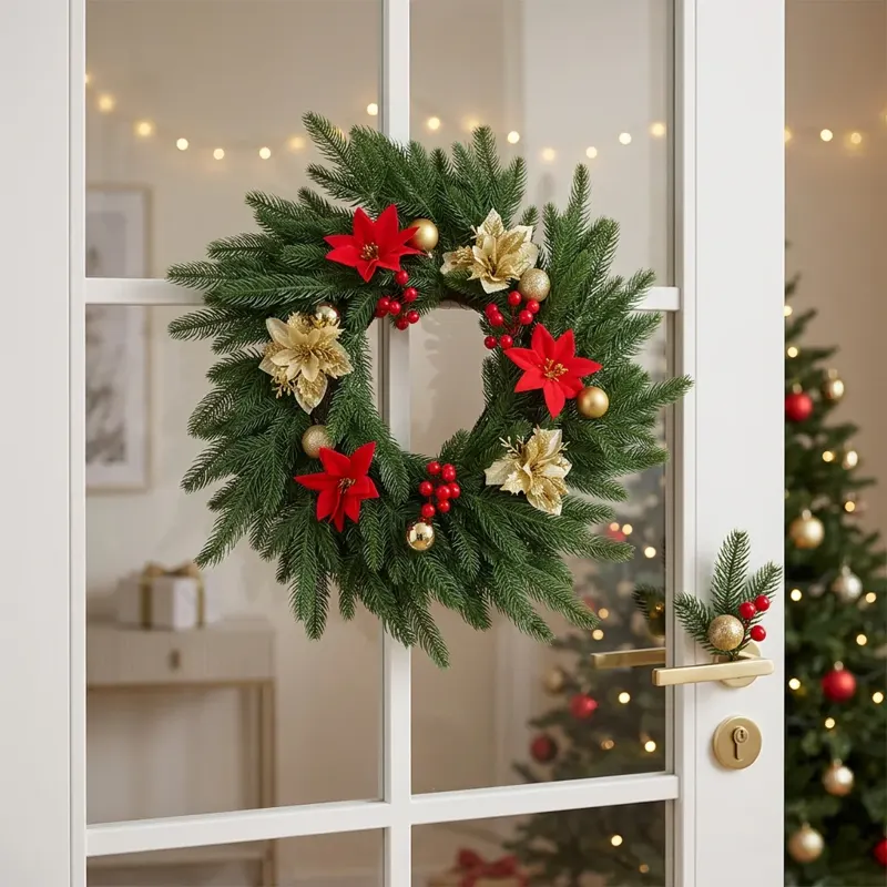 Christmas Wreath with Red Poinsettias and Gold Flowers