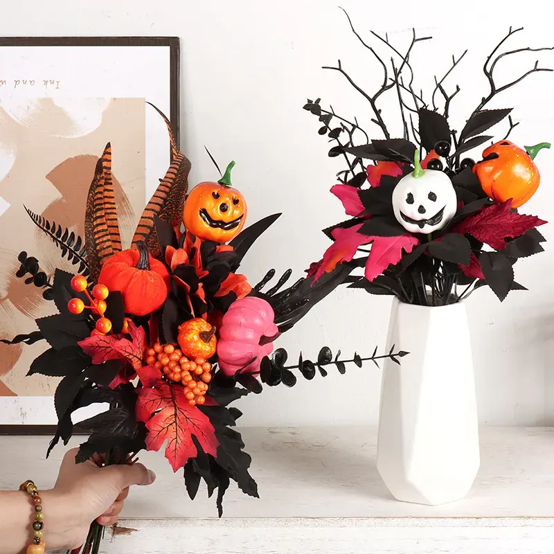 Halloween Black Floral Picks with Skulls and Pumpkins