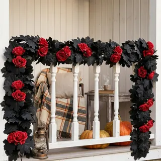 Halloween Black Maple Garland with Red Roses, 1–2 m