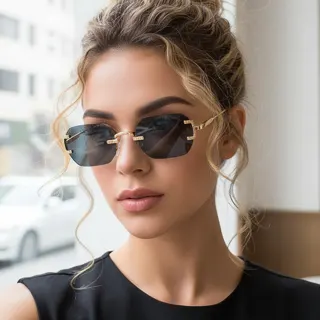 Rimless Cut-Edge Square Sunglasses with Gold Temples